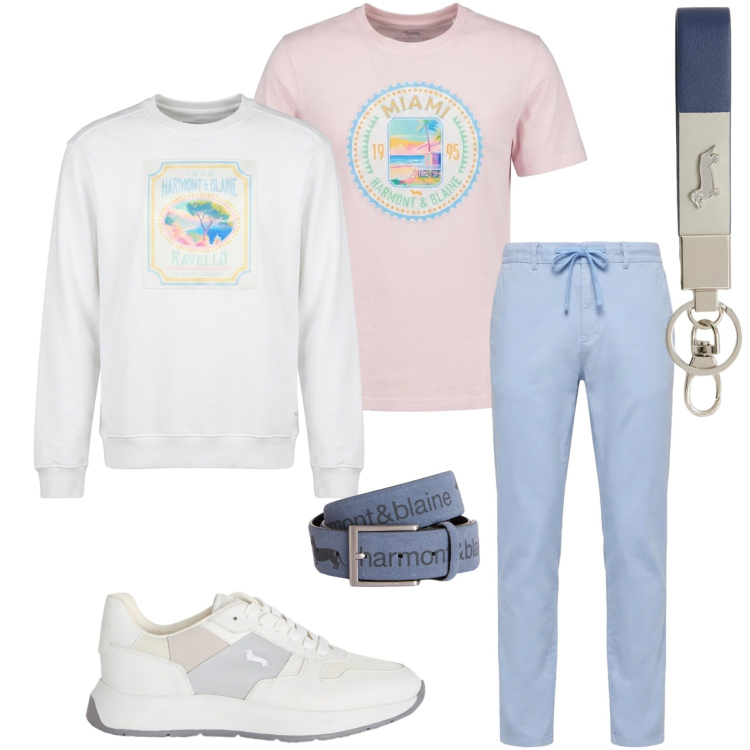 Outfit uomo - Harmont & Blaine. Stile Trendy per Mare. Abbinamento con cinture, portachiavi, sneakers, t-shirt, felpe, pantaloni.