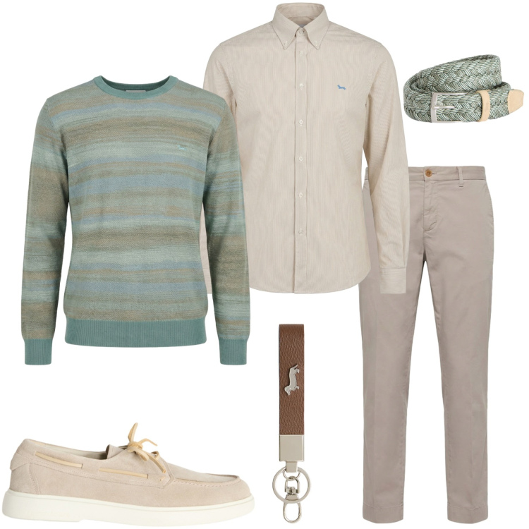 Outfit uomo - Harmont & Blaine. Stile Urban per Ufficio. Abbinamento con portachiavi, scarpe stringate, pullovers, camicie, pantaloni chino, cinture.