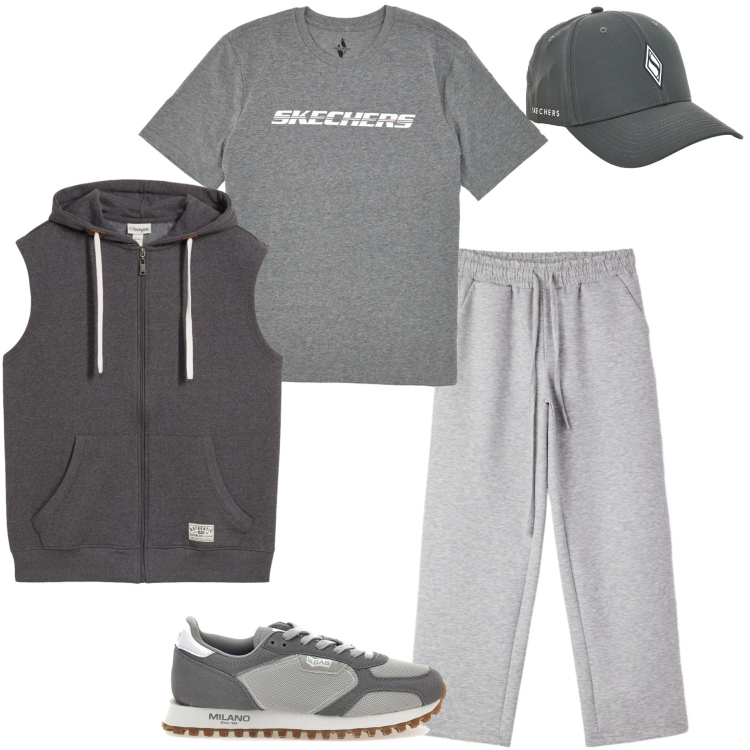 Outfit uomo - Relax di sabato. Stile Casual per Tutti i giorni. Abbinamento con gilet, pantaloni, sneakers, cappelli con visiera, t-shirt.