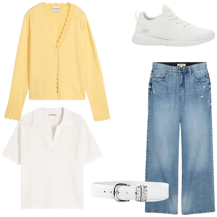 Outfit donna - Denim love. Stile Urban per Tutti i giorni. Abbinamento con cinture, sneakers, jeans, polo, cardigans.