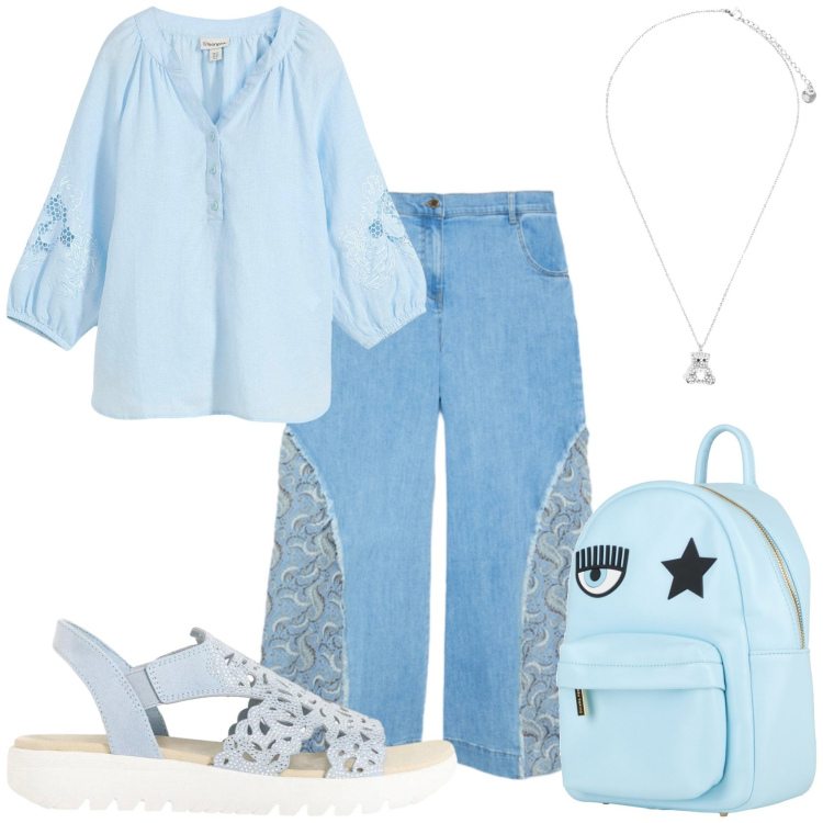 Outfit donna - La giornata celeste. Stile Casual per Tutti i giorni. Abbinamento con zaini, bluse, sandali, pantaloni, ciondoli.