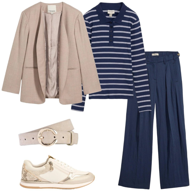 Outfit donna - Total look #2381272. Stile Casual per Tutti i giorni. Abbinamento con pantaloni, polo, blazer, cinture, sneakers.