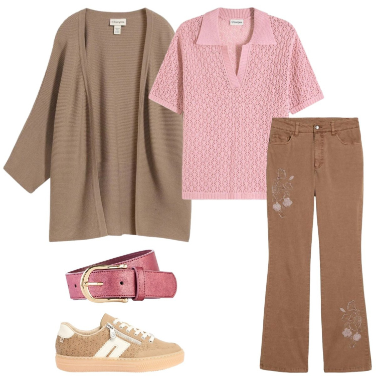 Outfit donna - Total look #2381274. Stile Casual per Tutti i giorni. Abbinamento con cardigans, jeans bootcut, polo, cinture, sneakers.