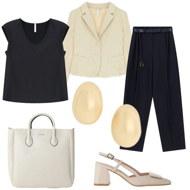 Outfit donna - Simply Imperial. Stile Bon Ton per Ufficio. Abbinamento con top, pantaloni a palazzo, borse a tracolla, blazer, décolleté, orecchini.