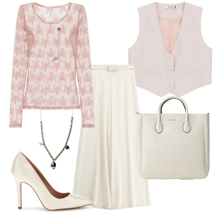 Outfit donna - Cool chic. Stile Chic per Cerimonia. Abbinamento con pantaloni a palazzo, bluse, borse a tracolla, gilet, ciondoli, décolleté.