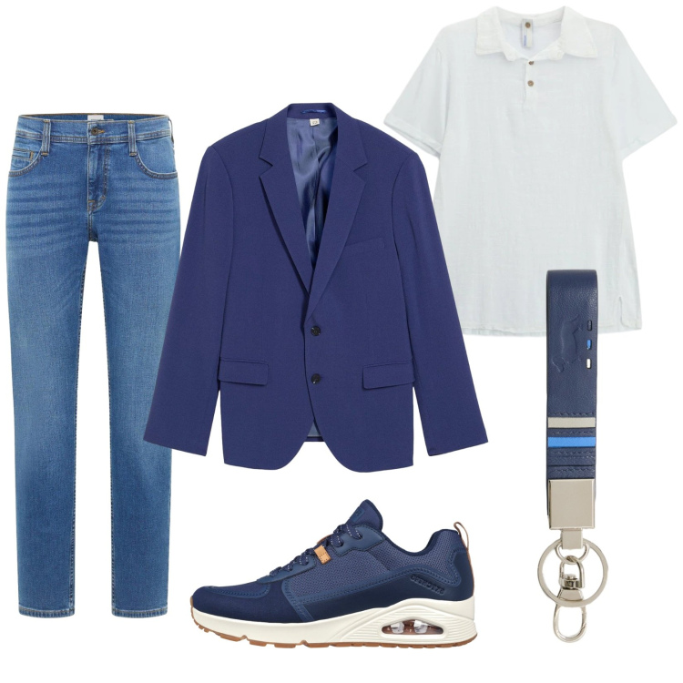 Outfit uomo - Cool. Stile Trendy per Tutti i giorni. Abbinamento con giacche, jeans bootcut, polo, portachiavi, sneakers.