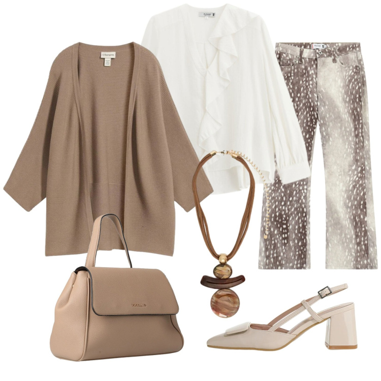 Outfit donna - Bianco e sabbia. Stile Casual chic per Serata fuori. Abbinamento con zaini, cardigans, décolleté, ciondoli, pantaloni, bluse.