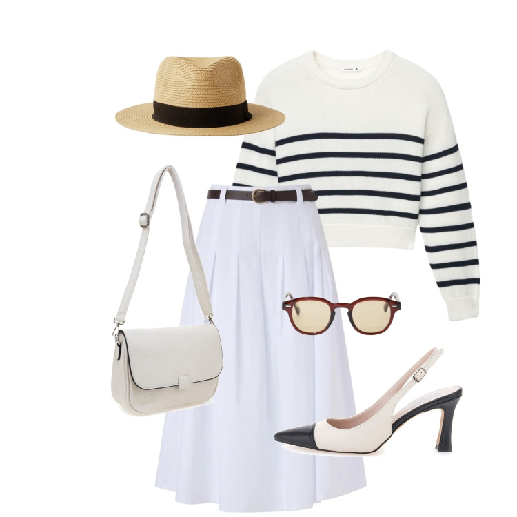 Outfit donna - Breton & paglia. Stile Casual chic per Tutti i giorni. Abbinamento con maglieria, cappelli, gonne longuette, occhiali da sole, décolleté, borse a tracolla.