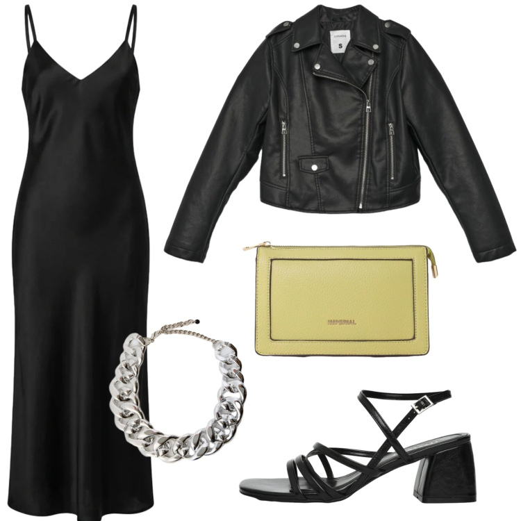 Outfit donna - Curve in movimento. Stile Chic per Serata fuori. Abbinamento con vestiti lunghi, giacche, sandali col tacco, collane, borse a tracolla.