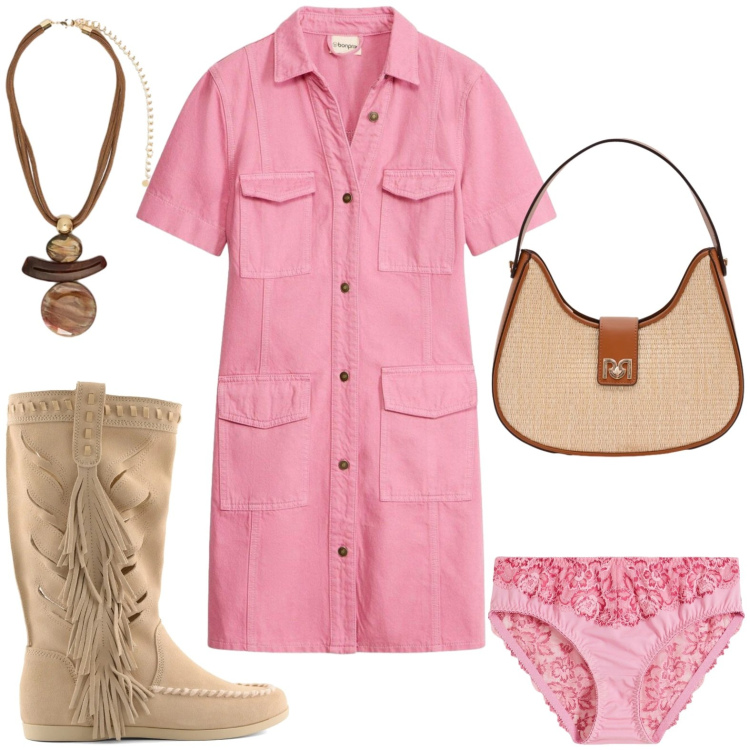 Outfit donna - Curve in movimento. Stile Minimal per Tutti i giorni. Abbinamento con vestiti corti, culotte, borse a spalla, ciondoli, stivali.
