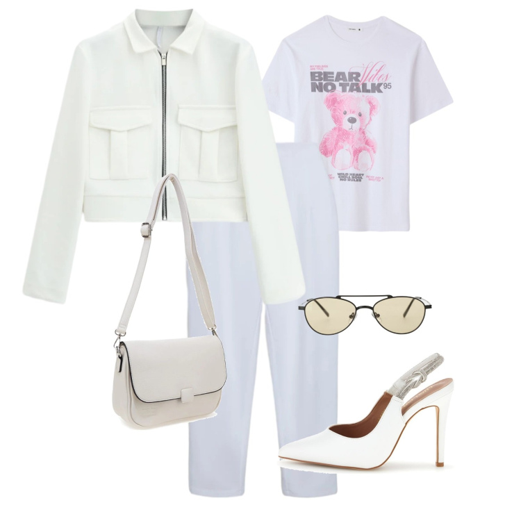 Outfit donna - Candy chic. Stile Casual chic per Ufficio. Abbinamento con pantaloni chino, t-shirt, cappotti, occhiali da sole, borse a tracolla, décolleté.