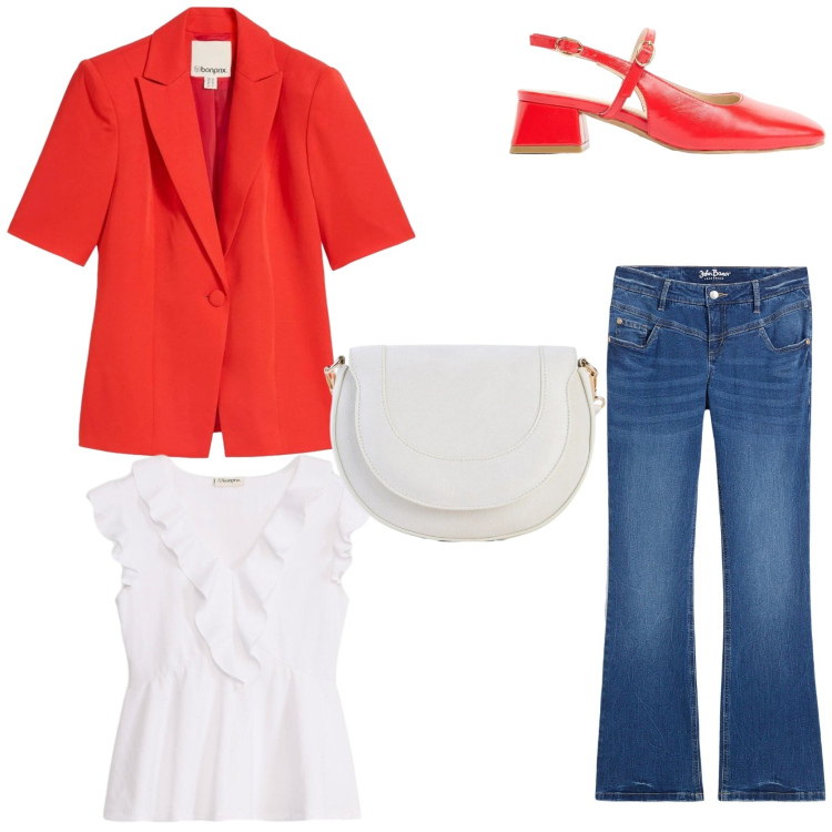 Outfit donna - Look a colori. Stile Casual chic per Tutti i giorni. Abbinamento con jeans bootcut, borse a tracolla, décolleté, blazer, bluse.