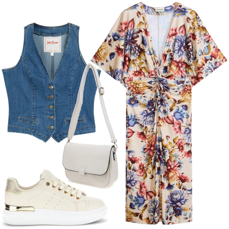 Outfit donna - Curve in movimento. Stile Casual per Tutti i giorni. Abbinamento con vestiti midi/longuette, gilet, sneakers, borse a tracolla.