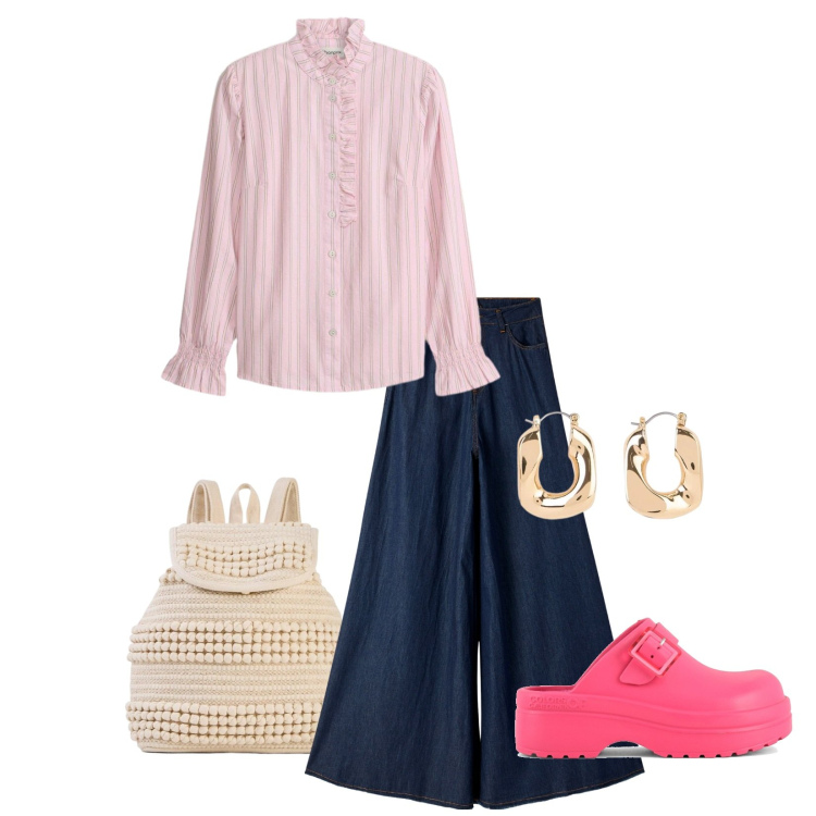 Outfit donna - Urban romance. Stile Casual chic Abbinamento con camicie, zaini, orecchini, jeans, sandali.