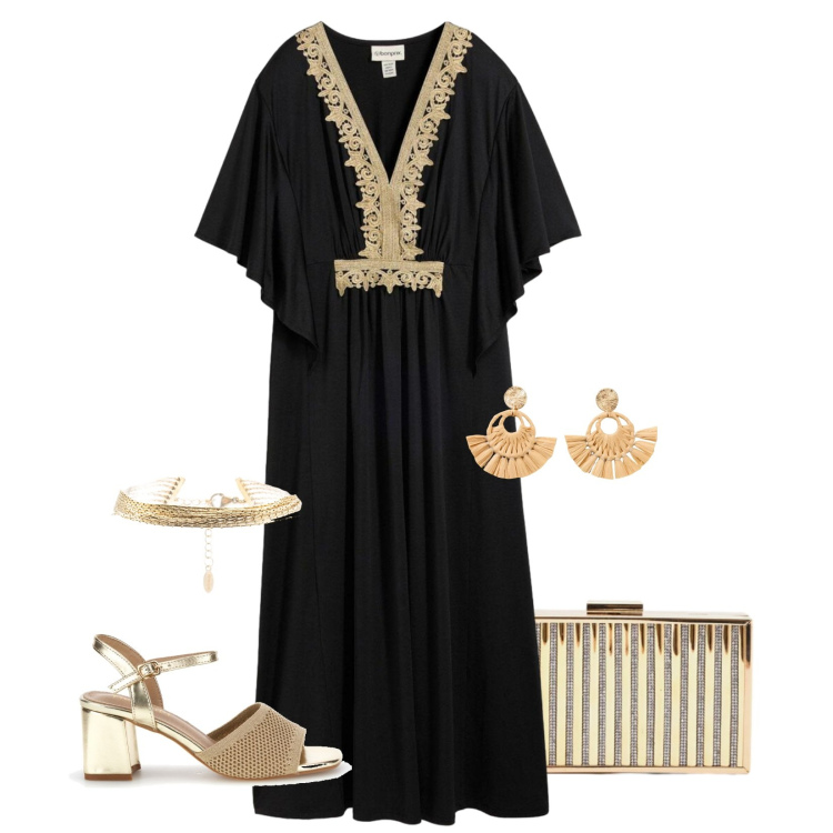 Outfit donna - Eclisse dorata. Stile Glamour per Serata fuori. Abbinamento con vestiti midi/longuette, orecchini, clutch, braccialetti, sandali col tacco.
