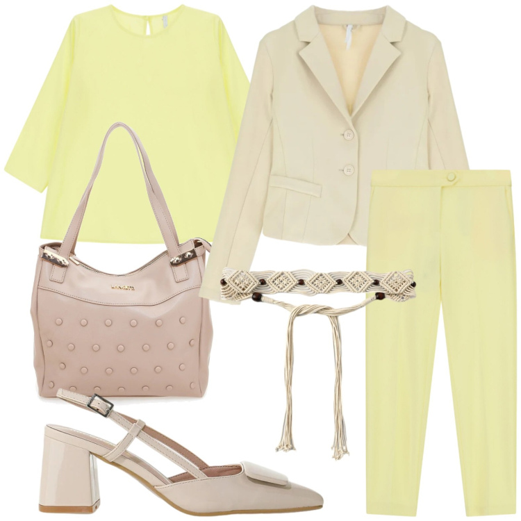 Outfit donna - Colori che illuminano. Stile Glamour per Tutti i giorni. Abbinamento con cinture, top, blazer, pantaloni, décolleté, shopping bag.