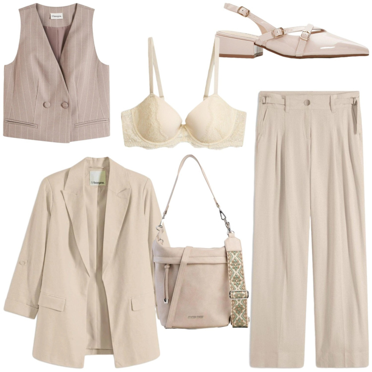 Outfit donna - Un blazer nell\' armadio. Stile Chic per Tutti i giorni. Abbinamento con décolleté, pantaloni a palazzo, blazer, gilet, borse a tracolla, reggiseni.
