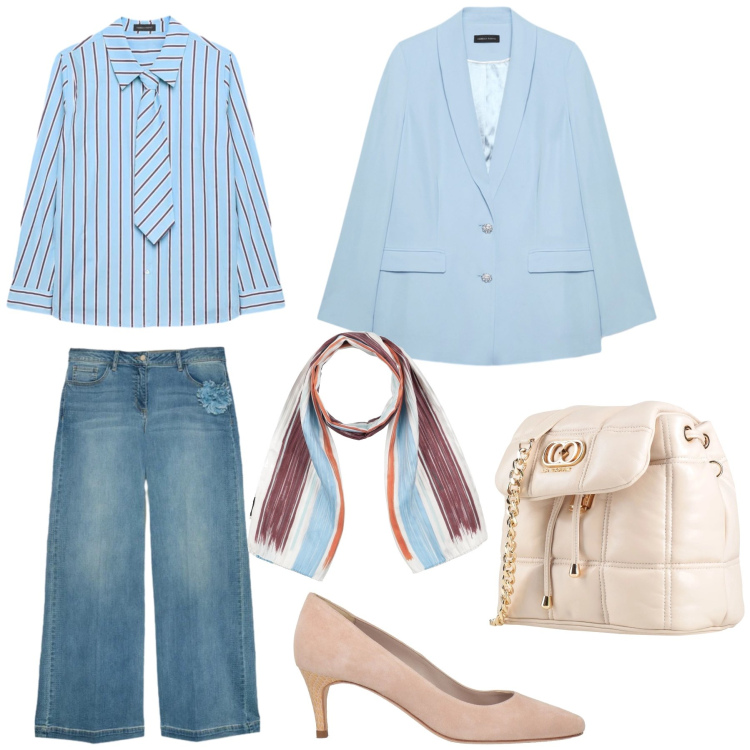 Outfit donna - Uno stile brillante. Stile Sporty chic per Tutti i giorni. Abbinamento con valigie, sciarpe, décolleté, blazer, jeans, camicie.