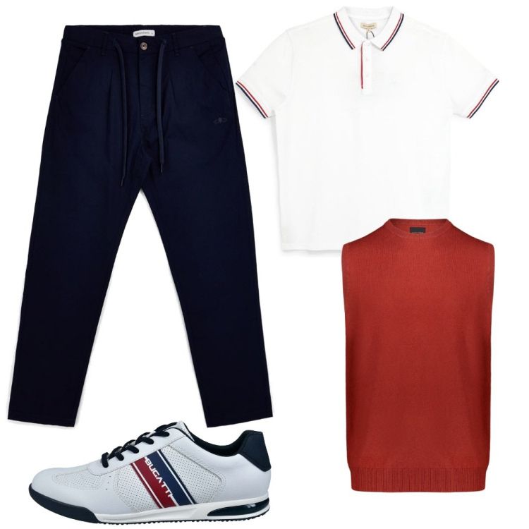 Outfit uomo - #Bugatti.shoes. Stile Urban per Tutti i giorni. Abbinamento con gilet, pantaloni, polo, sneakers.