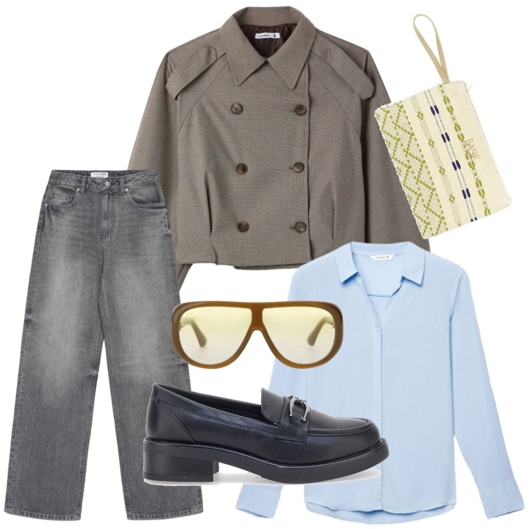 Outfit donna - Giacca Stile Napoleone. Stile Military per Tutti i giorni. Abbinamento con jeans, caban, camicie, occhiali da sole, pochette, mocassini.