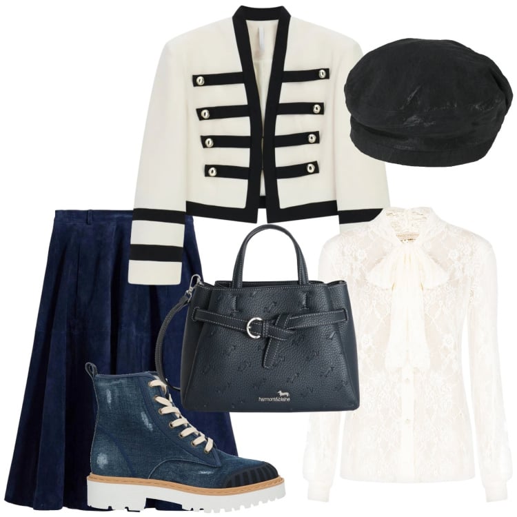 Outfit donna - Giacca Stile Napoleone. Stile Military per Tutti i giorni. Abbinamento con stivaletti, cappelli e berretti, gonne, borse a mano, blazer, camicie.