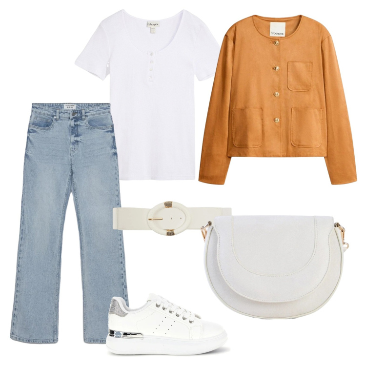 Outfit donna - Total look #2381317. Stile Casual per Tutti i giorni. Abbinamento con blazer, borse a tracolla, maglieria, cinture, jeans bootcut, sneakers.
