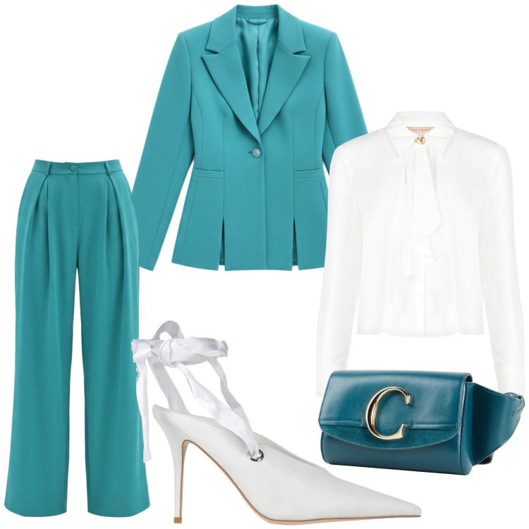 Outfit donna - Occasione: cerimonia. Stile Chic per Cerimonia. Abbinamento con marsupi, décolleté, blazer, camicie, pantaloni a palazzo.