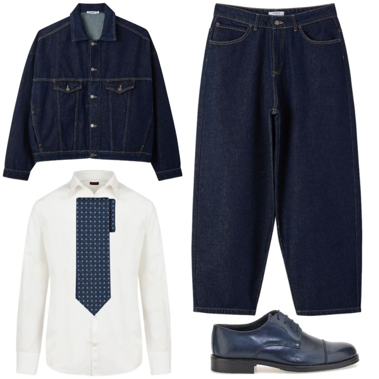 Outfit uomo - #cerimonia.in.denim. Stile Urban per Tutti i giorni. Abbinamento con jeans, cappotti, cravatte, scarpe stringate, camicie.