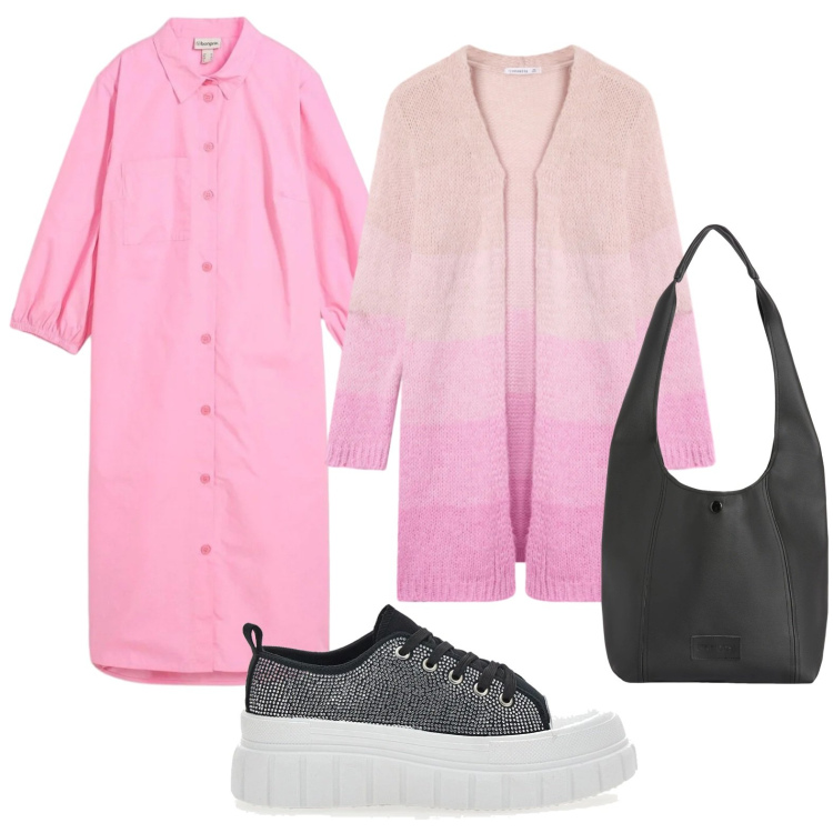 Outfit donna - Casual rosa. Stile Casual per Tutti i giorni. Abbinamento con vestiti chemisier, cardigans, borse a spalla, sneakers.