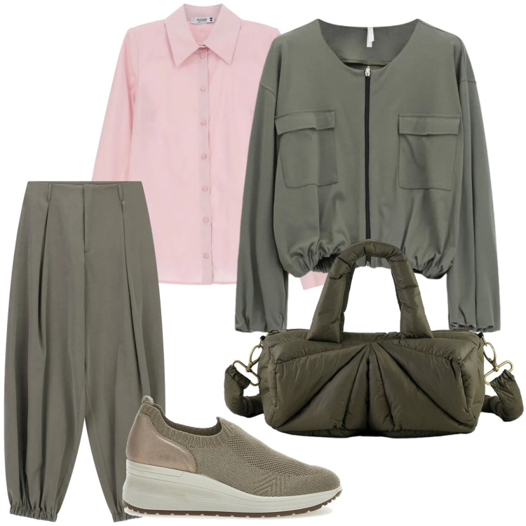 Outfit donna - Street oliva. Stile Glamour per Tutti i giorni. Abbinamento con pantaloni, bomber, camicie, borse a mano, scarpe stringate.