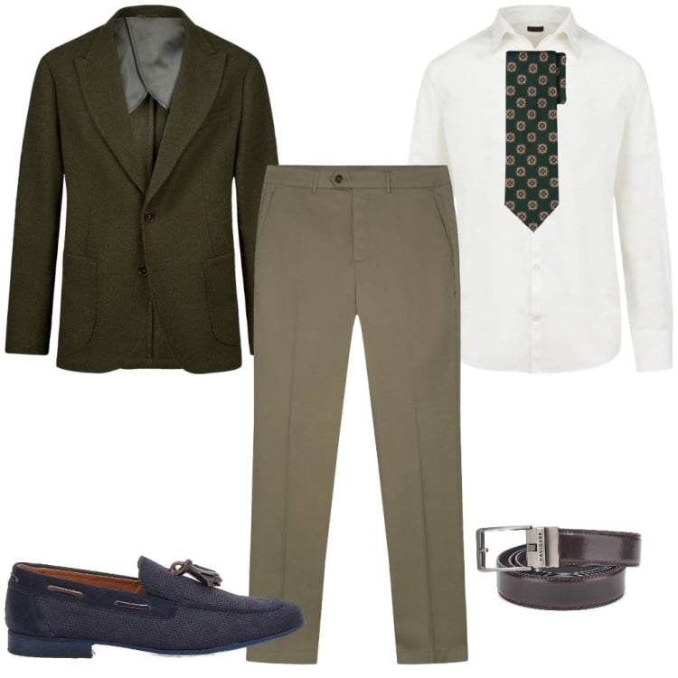 Outfit uomo - #cerimonia.green. Stile Business/Elegante per Cerimonia. Abbinamento con giacche, scarpe stringate, cinture, camicie, cravatte, pantaloni.
