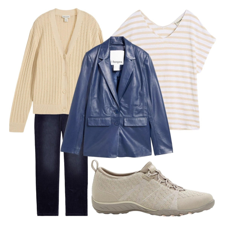 Outfit donna - Primavera essenziale e leggera. Stile Basic per Tutti i giorni. Abbinamento con cardigans, t-shirt, pantaloni, sneakers, blazer.