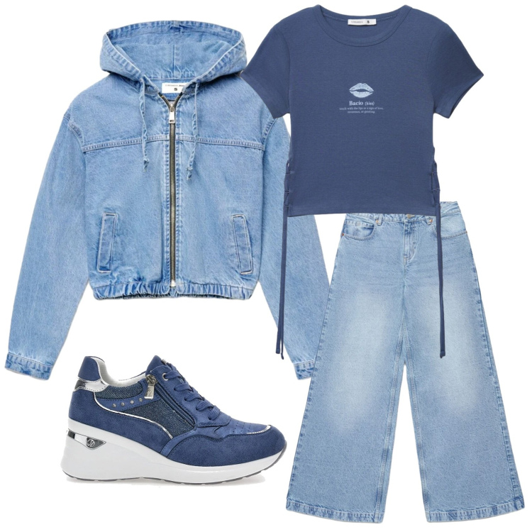 Outfit donna - Total look #2381334. Stile Casual per Scuola/Università. Abbinamento con bomber, jeans, t-shirt, sneakers alte.