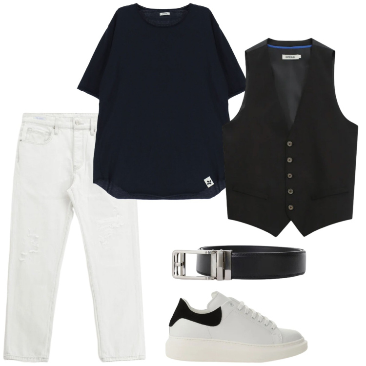 Outfit uomo - Imperial the new Crew. Stile Trendy per Serata speciale. Abbinamento con gilet, jeans dritti, t-shirt, sneakers, cinture.