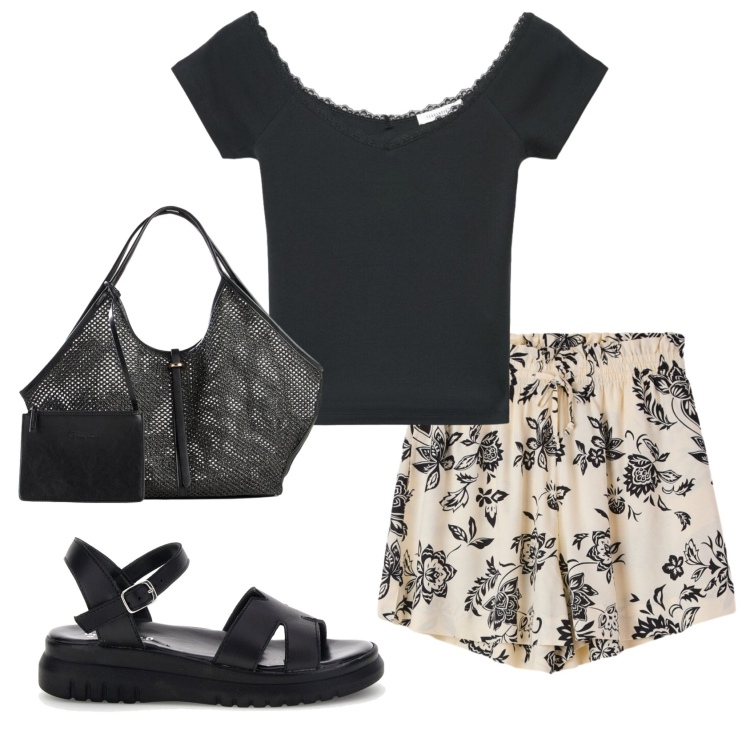 Outfit donna - Total look #2381341. Stile Romantica per Mare. Abbinamento con shopping bag, shorts, t-shirt, sandali.