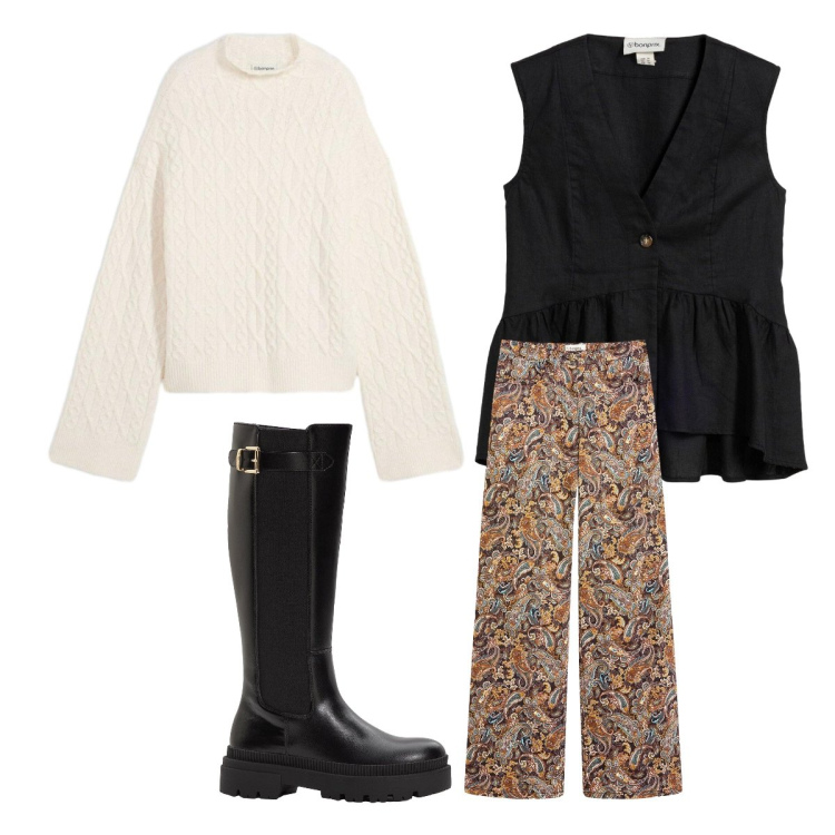 Outfit donna - bonprix - Cool Spring. Stile Urban per Tutti i giorni. Abbinamento con pantaloni, gilet, stivali, maglieria.