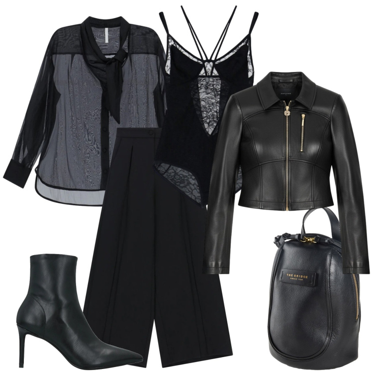 Outfit donna - Total look #2381343. Stile Chic per Serata fuori. Abbinamento con zaini, stivaletti, body, camicie, pantaloni a palazzo, giacche.