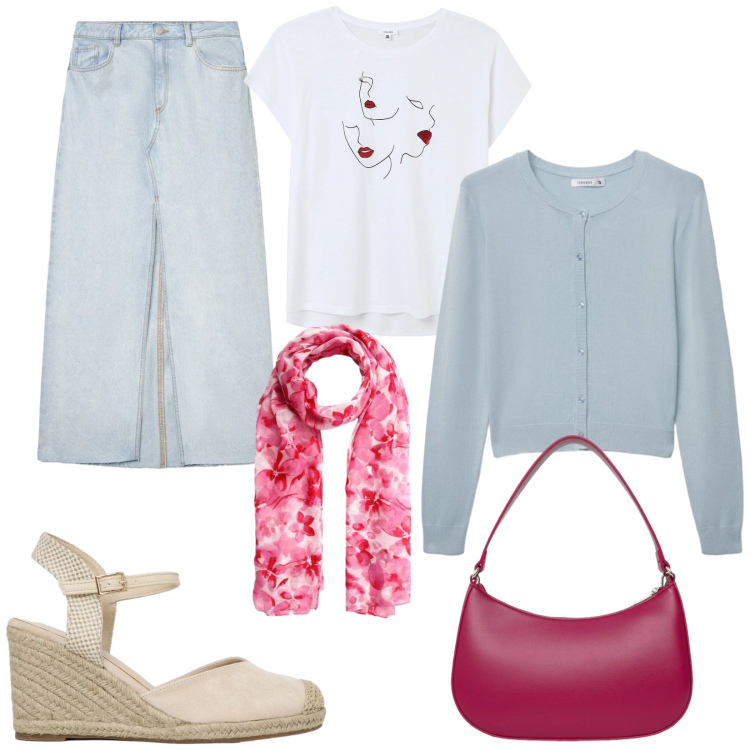 Outfit donna - Terranova spring. Stile Basic per Ufficio. Abbinamento con cardigans, zeppe, t-shirt, gonne lunghe, foulard, borse a tracolla.