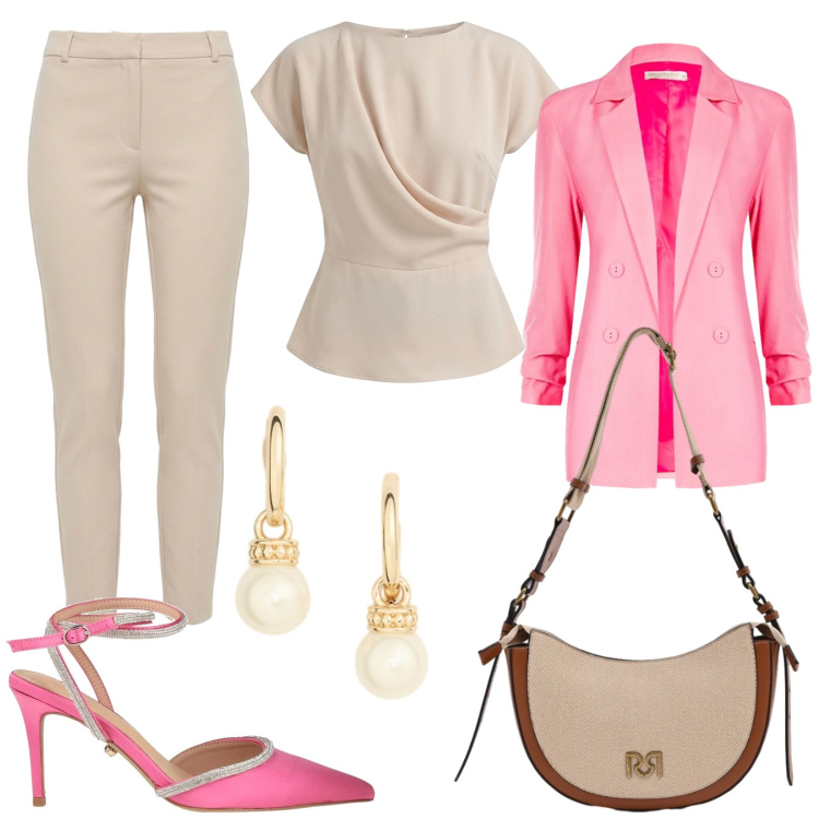 Outfit donna - Tailleur rinascimento. Stile Chic per Cerimonia. Abbinamento con décolleté, bluse, borse a tracolla, blazer, pantaloni skinny, orecchini.