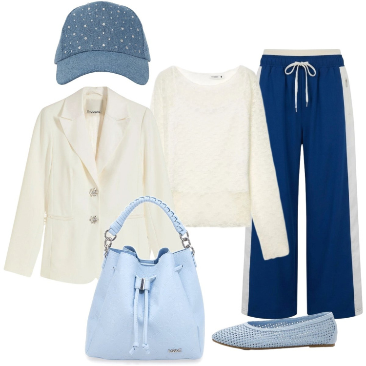 Outfit donna - Il berretto con gli strass. Stile Sporty chic per Tutti i giorni. Abbinamento con blazer, ballerine, pantaloni, cappelli, t-shirt, borse a secchiello.