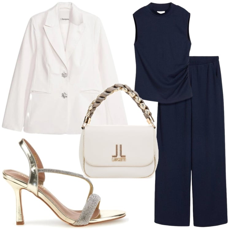 Outfit donna - Semplicemente. Stile Bon Ton per Cerimonia. Abbinamento con blazer, tute, borse a tracolla, sandali col tacco.