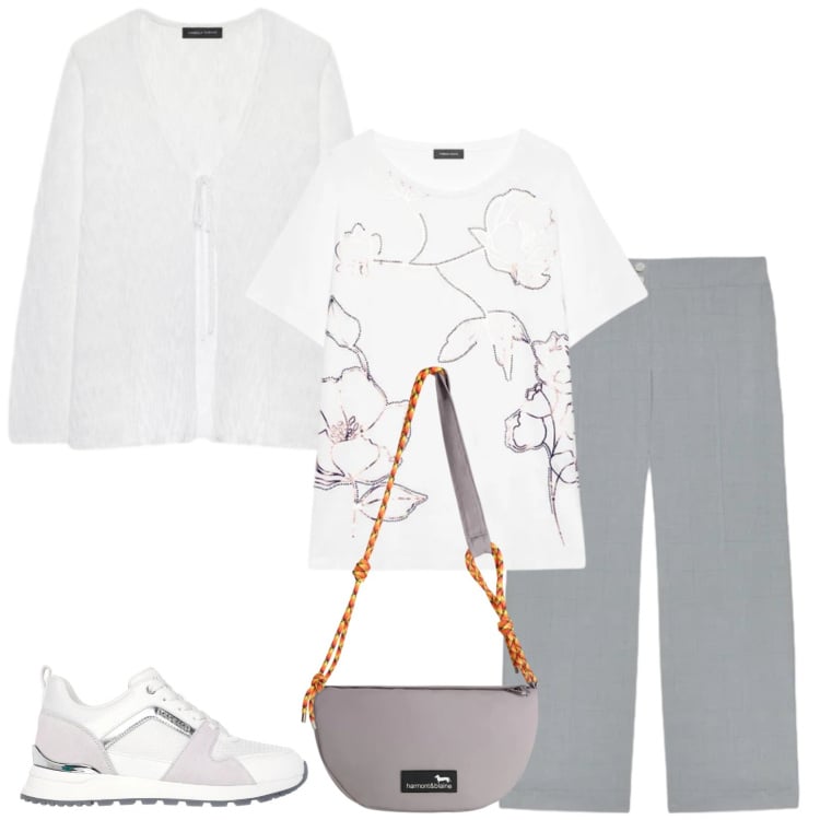 Outfit donna - Total look #2381354. Stile Casual chic per Tutti i giorni. Abbinamento con pantaloni, t-shirt, cardigans, borse a tracolla, sneakers alte.
