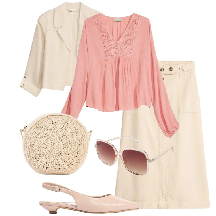Outfit donna - Bonprix cool spring. Stile Romantica per Tutti i giorni. Abbinamento con borse a tracolla, bluse, occhiali da sole, gonne longuette, sandali, blazer.