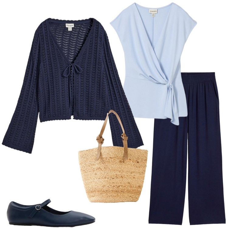 Outfit donna - Cool spring Bonprix. Stile Casual chic per Tutti i giorni. Abbinamento con cardigans, pantaloni, shopping bag, ballerine, canottiere.