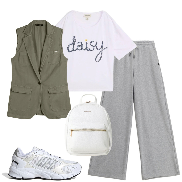 Outfit donna - Aprile. Stile Casual per Tutti i giorni. Abbinamento con t-shirt, zaini, pantaloni, gilet, sneakers.