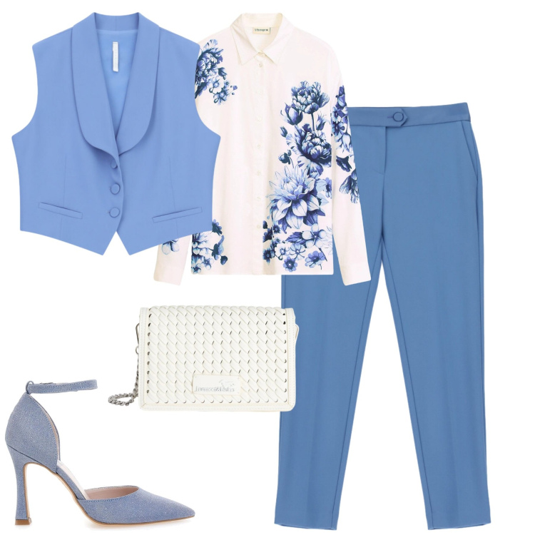 Outfit donna - Aprile. Stile Chic per Tutti i giorni. Abbinamento con camicie, gilet, pantaloni, borse a tracolla, décolleté.