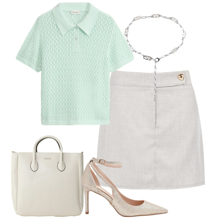 Outfit donna - Aprile. Stile Urban per Tutti i giorni. Abbinamento con polo, borse a tracolla, minigonne, décolleté, cinture.