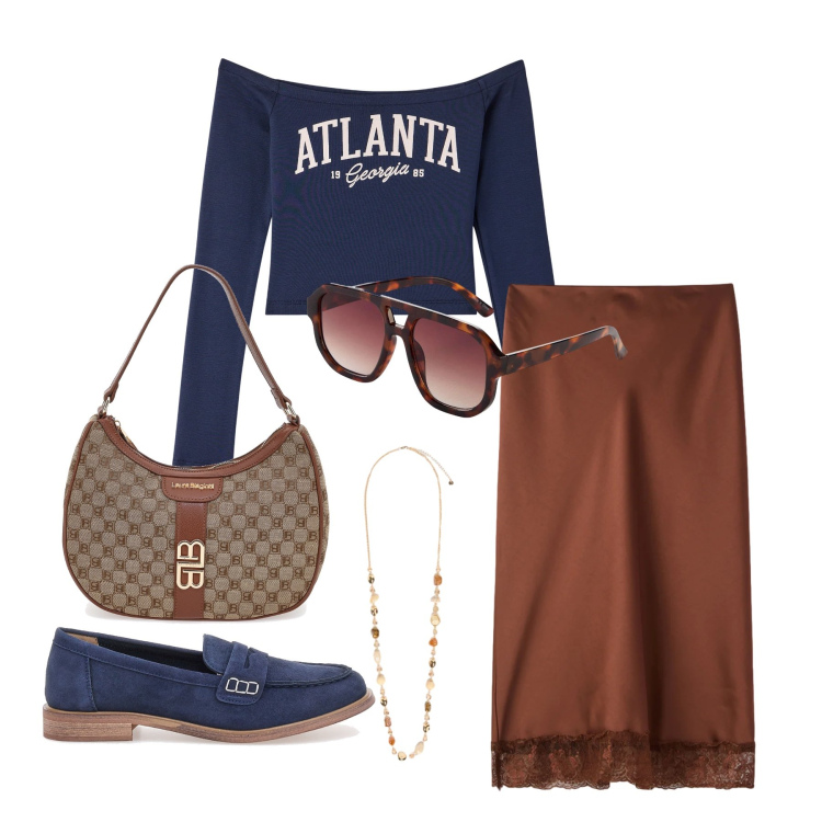 Outfit donna - Aprile. Stile Preppy per Tutti i giorni. Abbinamento con occhiali da sole, gonne longuette, t-shirt, collane, borse a spalla, mocassini.