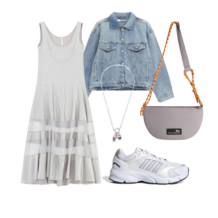 Outfit donna - Aprile. Stile Trendy per Tutti i giorni. Abbinamento con vestiti lunghi, blazer, borse a tracolla, ciondoli, sneakers.