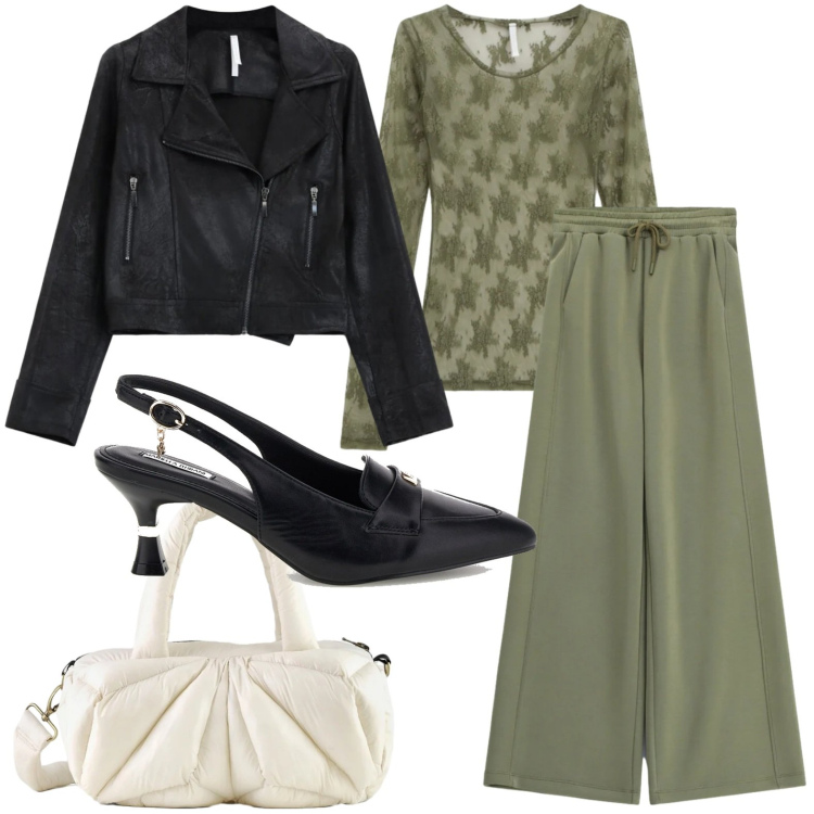 Outfit donna - Grunge casual. Stile Casual per Ufficio. Abbinamento con pantaloni a palazzo, bluse, giacche, borse a mano, décolleté.